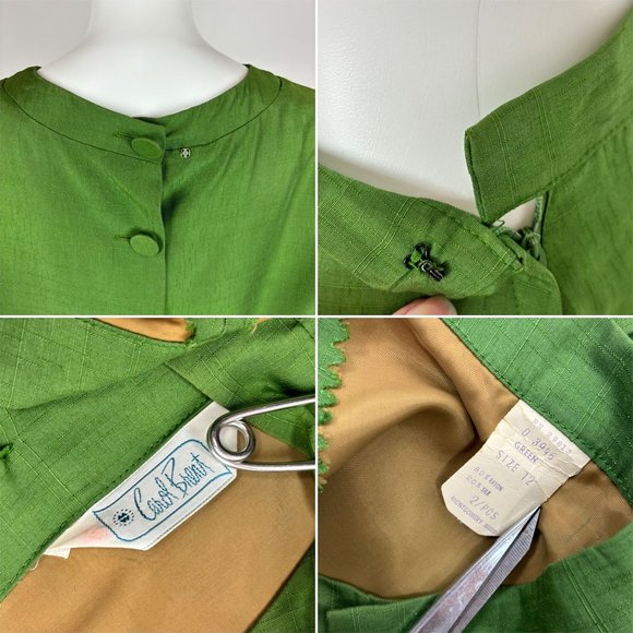 Vintage 70s Suit Set Women's Extra Small Solid Green Silk Blend Skirt Top Busine - Picture 10 of 10